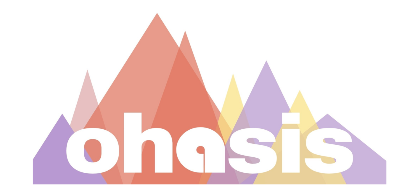 Logo mit bunten Bergen und Schriftzug ohasis