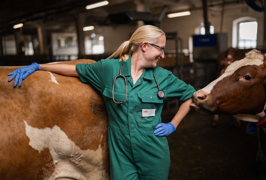 Melanie Sch&auml;ren-Bannert steht im Stall zwischen zwei Rindern.