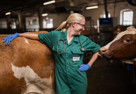 Melanie Sch&auml;ren-Bannert steht im Stall zwischen zwei Rindern.