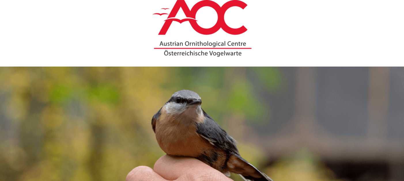 AOC Logo and photo of a nuthatch in hand
