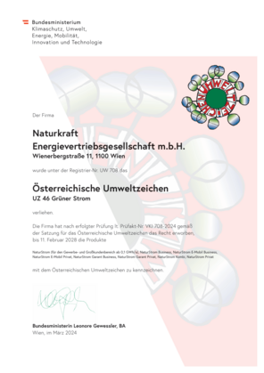 Zertifikat &Ouml;sterreichisches Umweltzeichen f&uuml;r gr&uuml;nen Strom
