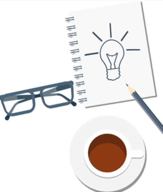 Grafik mit Kaffeetasse, Brille und Schreibblock