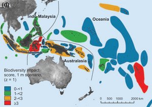 Grafische Darstellung der Risikoindizes für die Biodiversität bei einem Anstieg des Meeresspiegels um einen Meter
