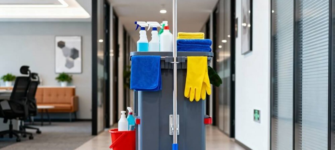 Ein Putzwagen steht in einem Büro