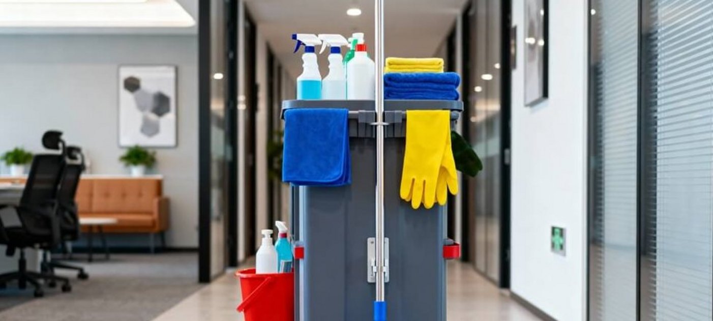 Ein Putzwagen steht in einem Büro