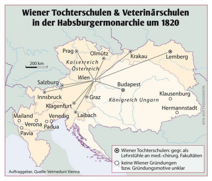 Karte mit veterinärmedizinischen Schulen in der Habsburgermonarchie