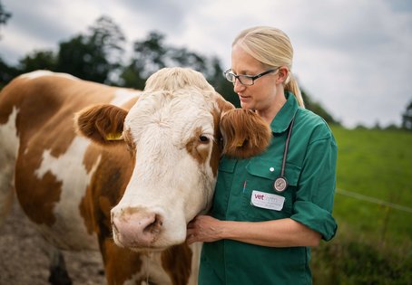 Melanie Sch&auml;ren-Bannert steht an der Seites eines Rindes und streichelt es am Hals.