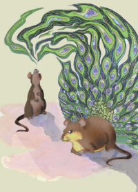 Zeichnung einer Maus mit Pfauschwanz