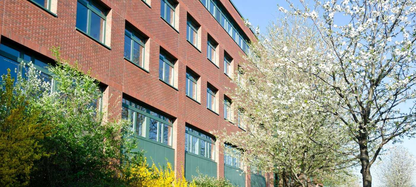 Blühende Bäume vor Backsteingebäude