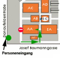 Lageplan der Parasitologie; Grüner Punkt: Personeneingang mit Drehkreuz; Grüne Pfeile: Zugangswege zur Parasitologie vom Personeneingang; Institutseingang ist zwischen den Gebäuden AA und EA