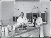 Glasdia DSC0023 080814 Kopie  Prof. Zaribnitzky (Milchhygiene) und ein PrÃ¼fungskanditat, im Hintergrund KÃ¼hlschrÃ¤nke, am Campus in der Linken Bahngasse 11, Reproduktion eines SW- Glasdias aus dem Historischen Archiv der Vetmeduni Vienna, Datierung unbekannt , Aufnahmen von Prof. Dr. Otto KrÃ¶lling (vor 1955), zur VerfÃ¼gung gestellt von Dr. Rubiko , Aufgenommen in den Jahren 1948 - 1952
