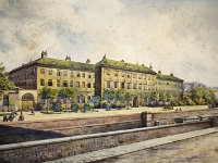 LinkeBahngasseBER 0890 Kopie  Reproduktion eines Gemäldes von W.K. Zajicek, Wien 1916, das die damalige Veterinärmedizinische Universität in der Linken Bahngasse im 3. Bezirk zeigt